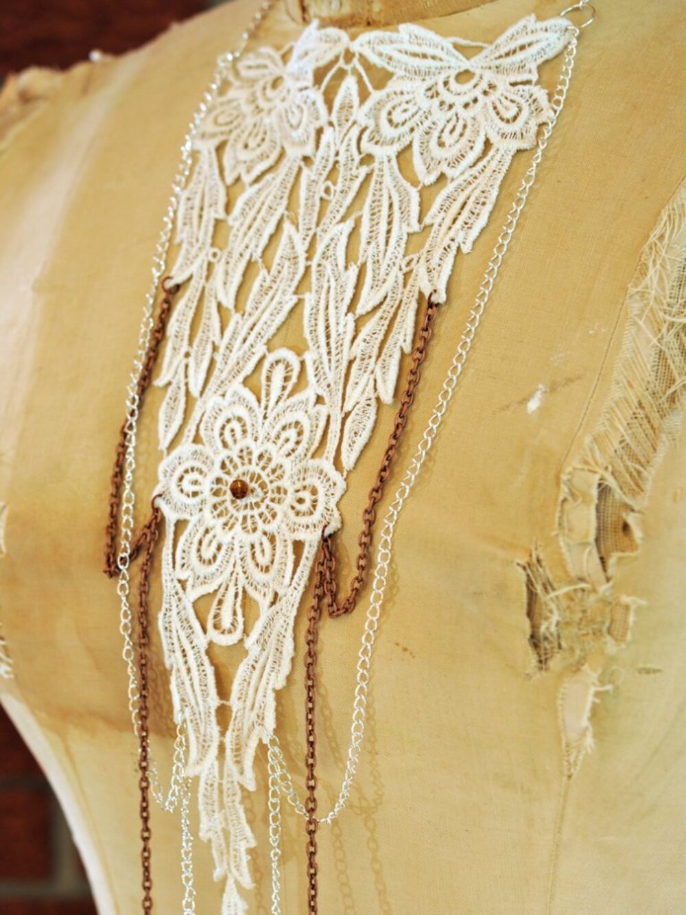 Handmade Venetian Lace Bib Necklace | Ivory + Swarovski Crystal | Upcycled - Picture 3 of 6